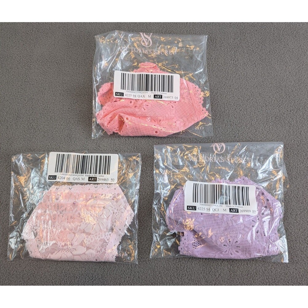 Victoria's Secret Lace V-String Panties Lot of 3 Size M Pink White Purple